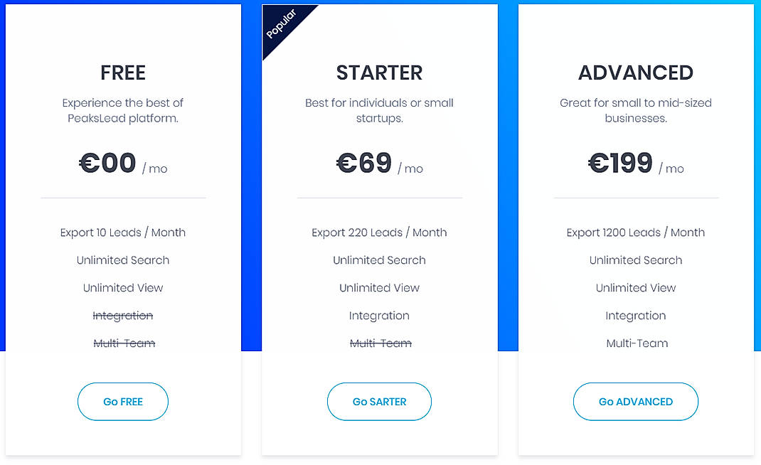 Pricing screenshot