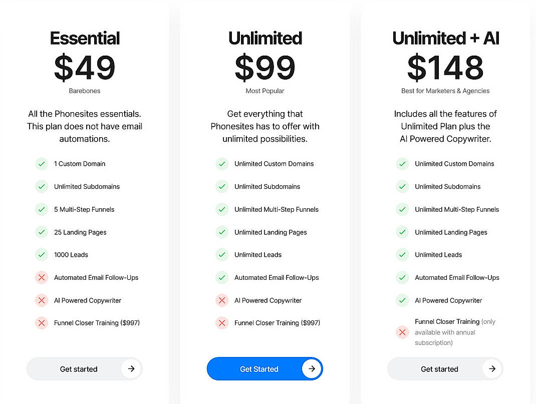 Pricing screenshot