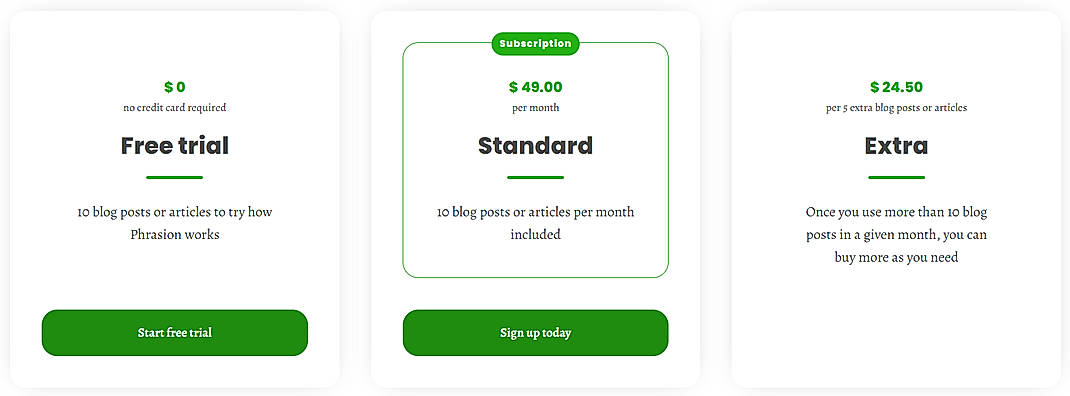 Pricing screenshot