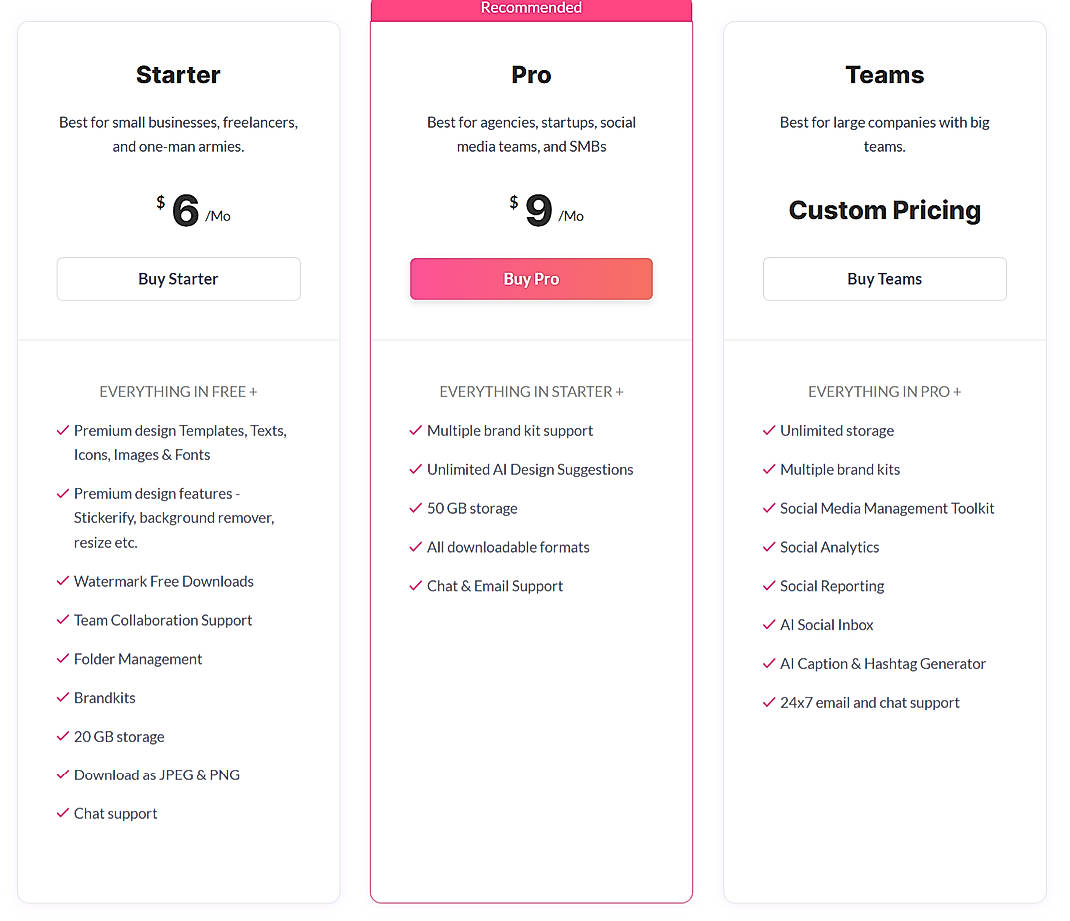 Pricing screenshot