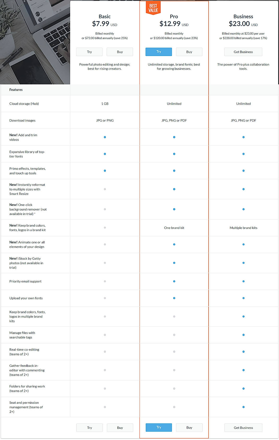Pricing screenshot