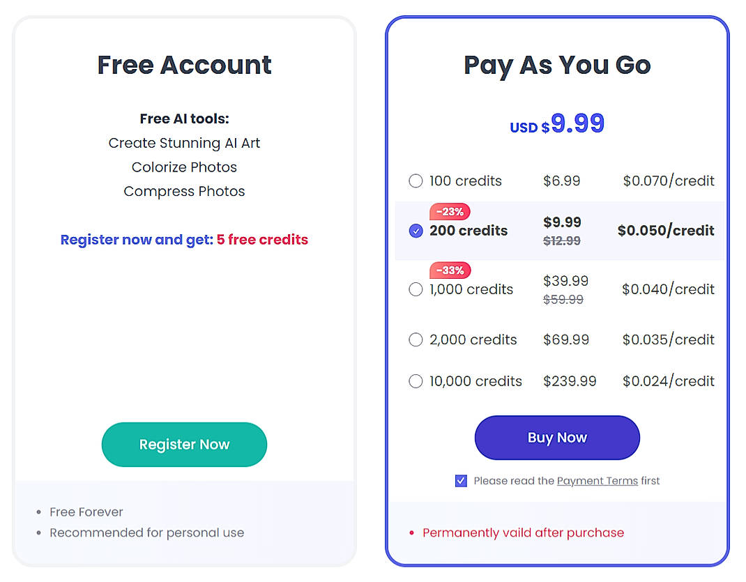 Pricing screenshot