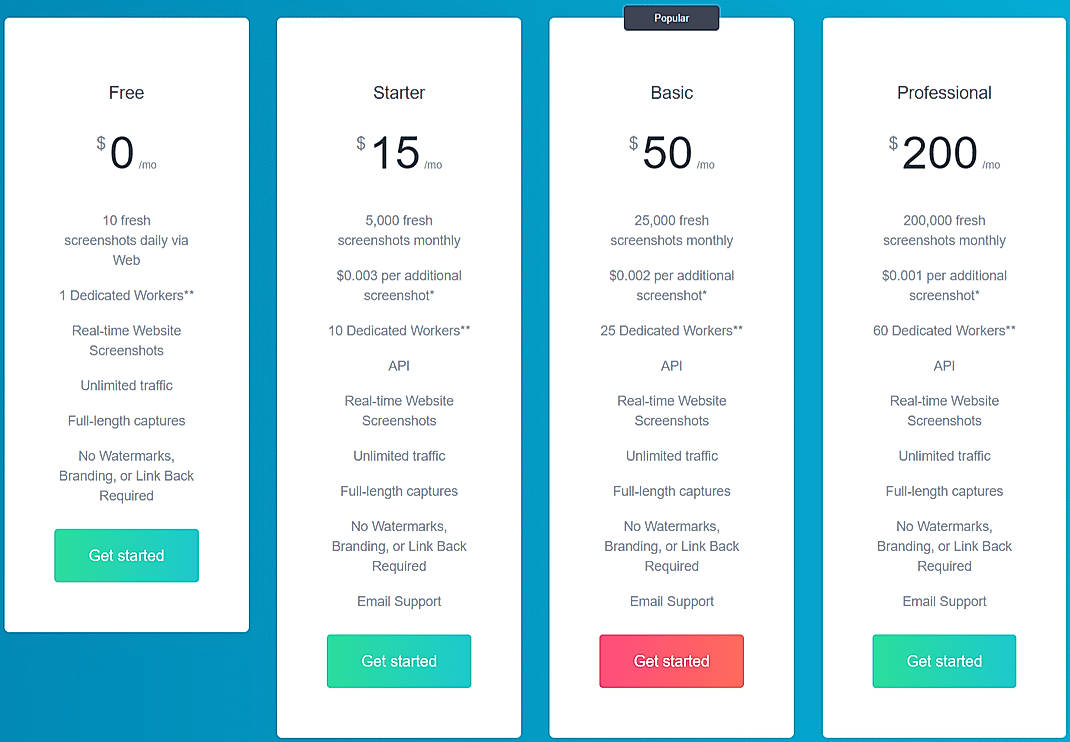Pricing screenshot