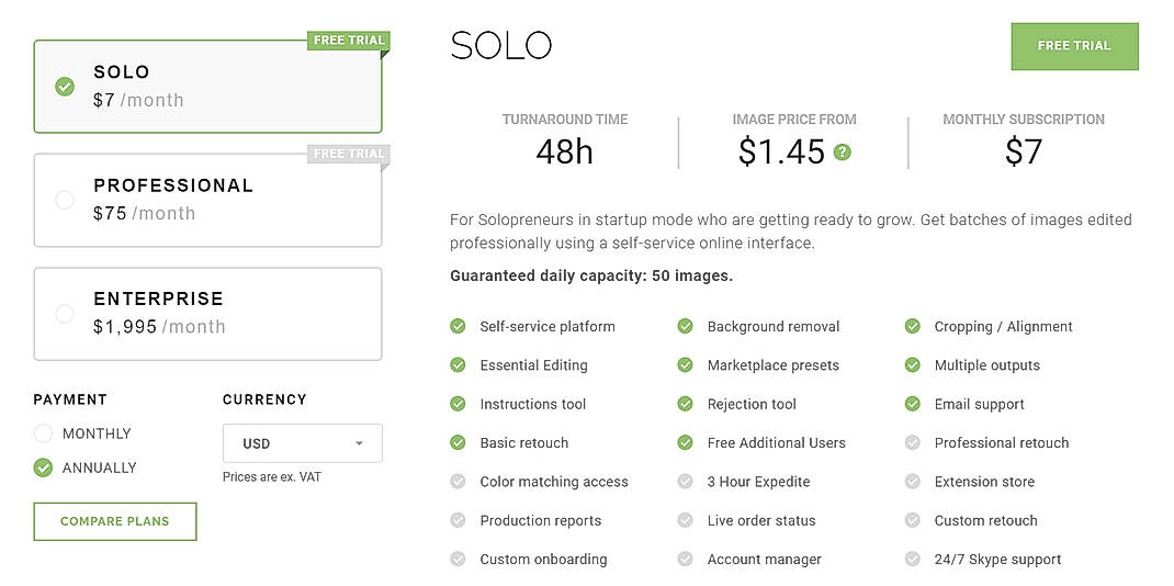 Pricing screenshot