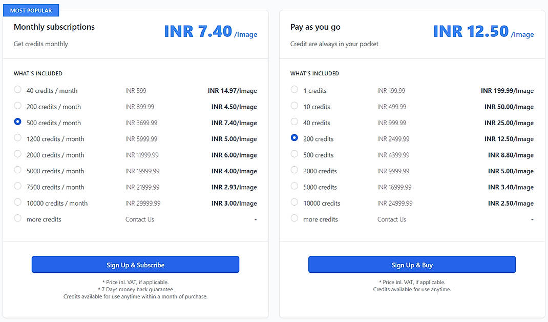 Pricing screenshot