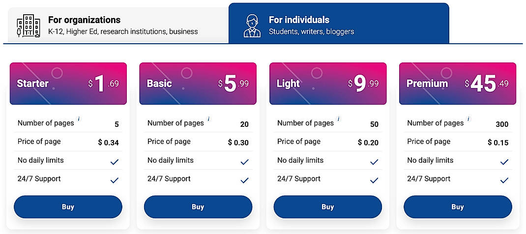 Pricing screenshot
