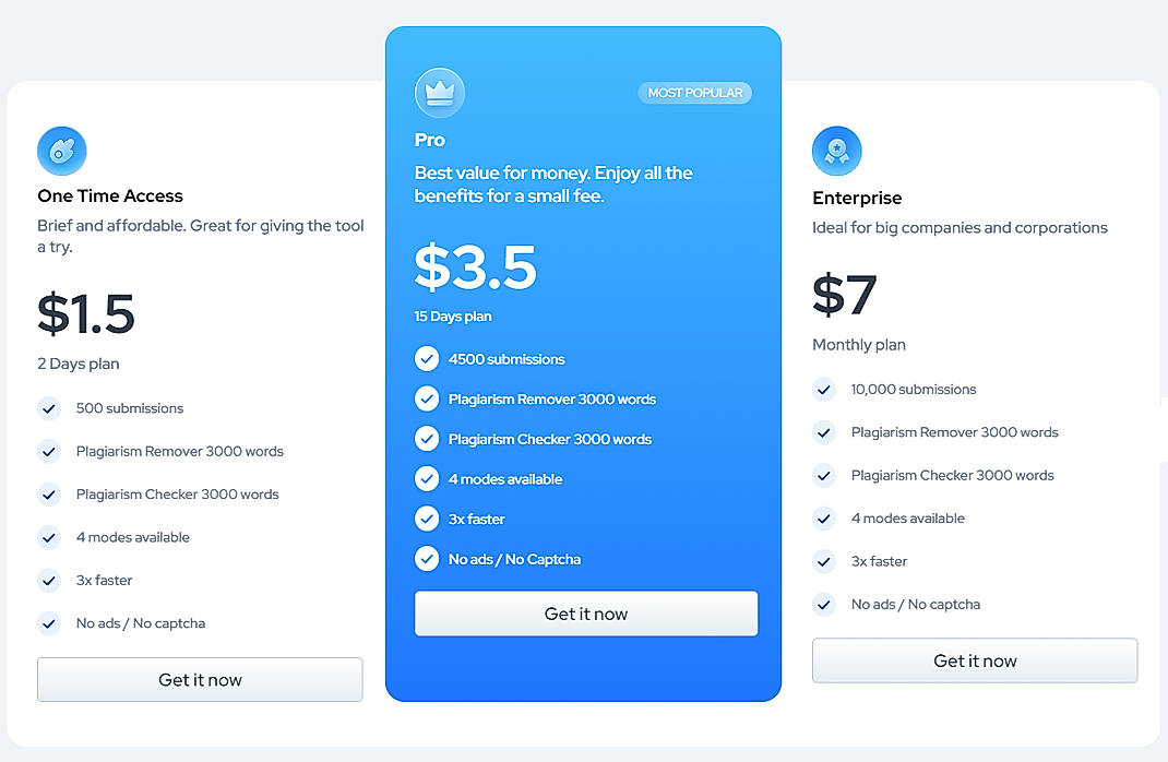 Pricing screenshot