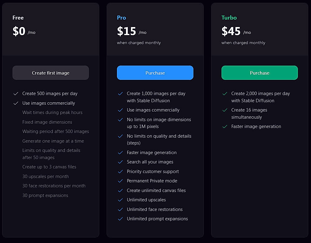 Pricing screenshot