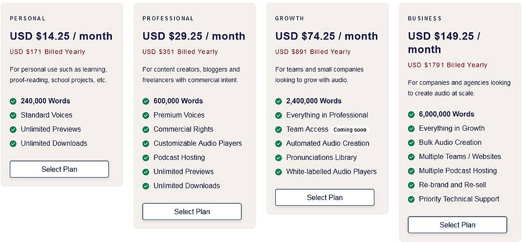 Pricing screenshot