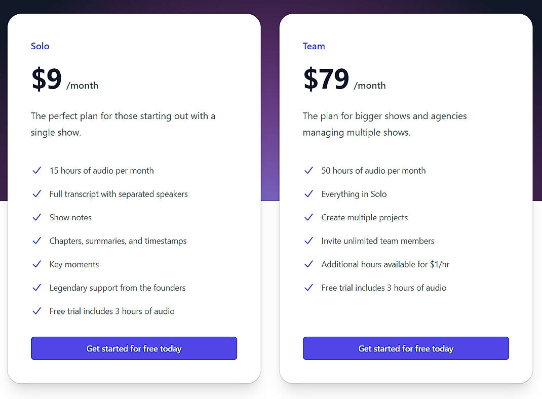Pricing screenshot