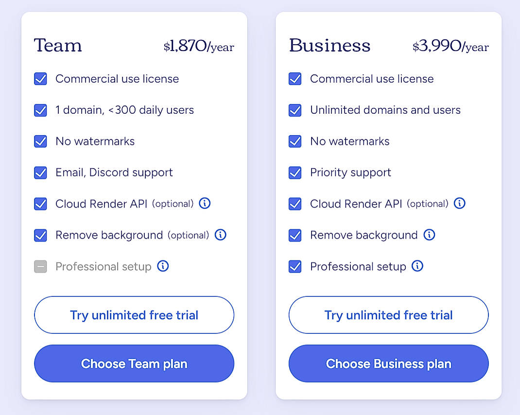 Pricing screenshot