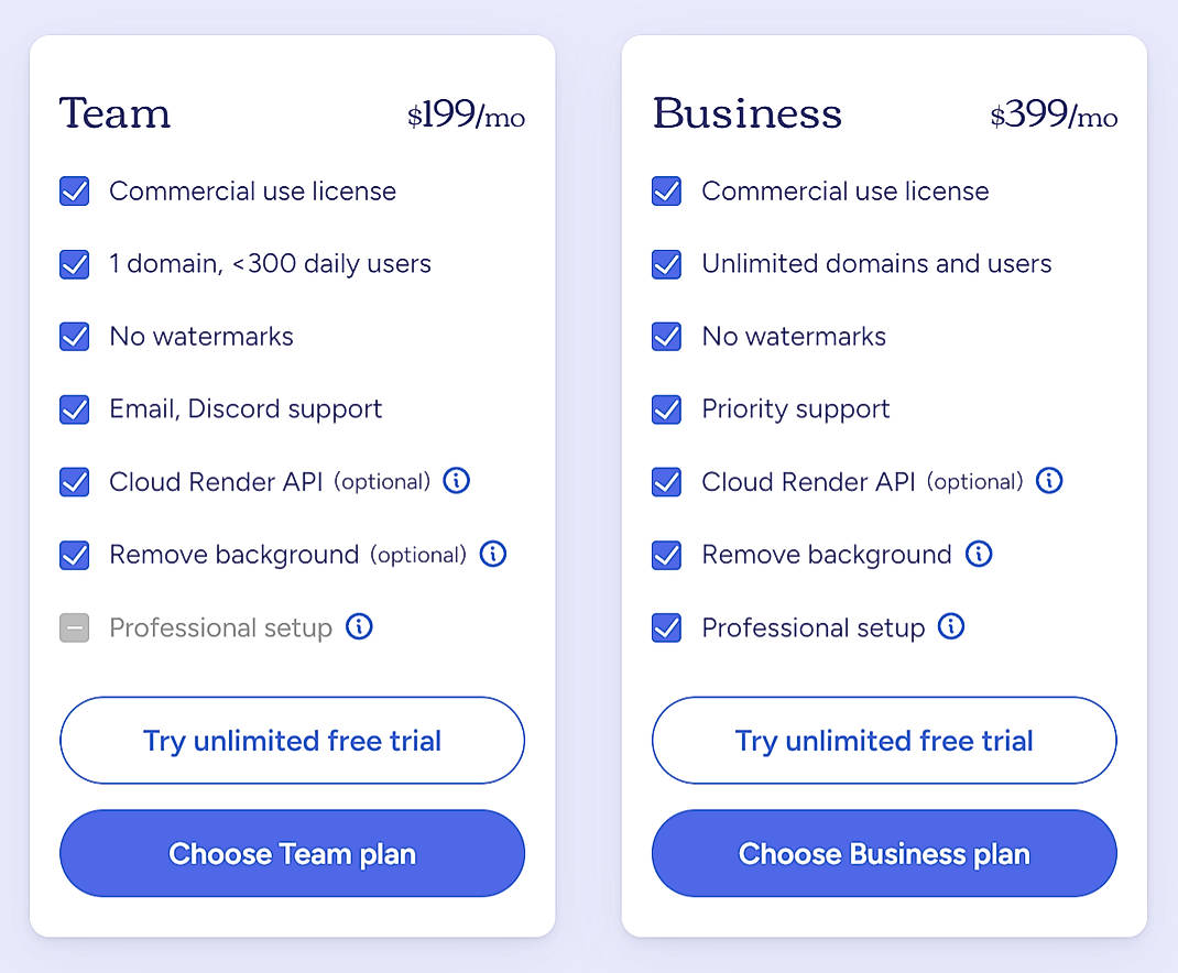 Pricing screenshot