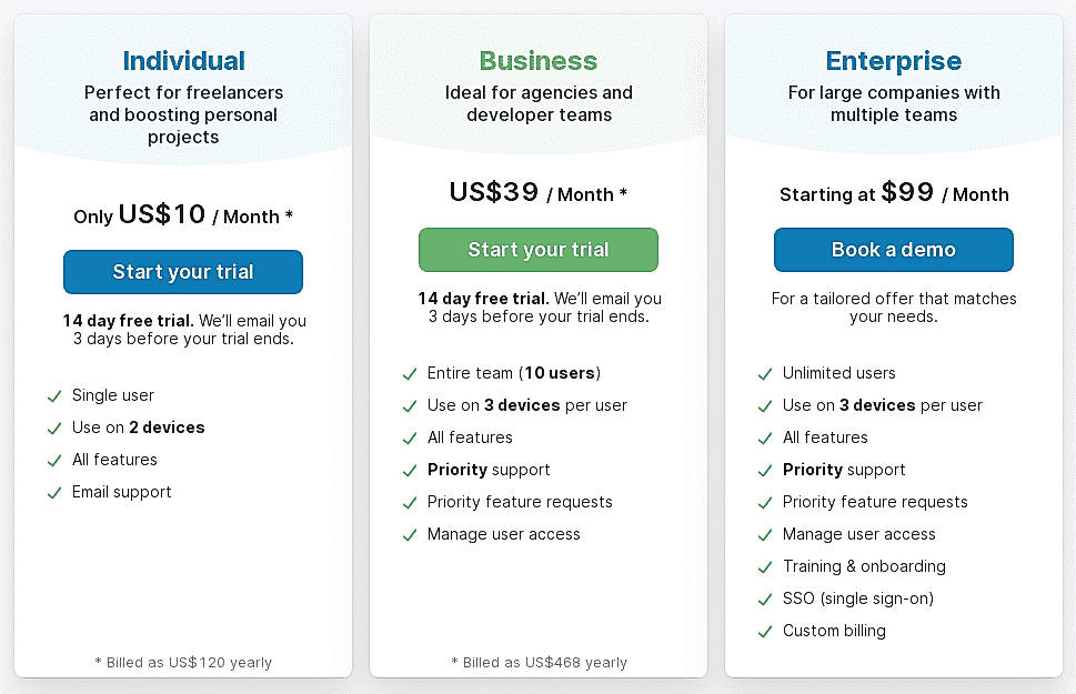 Pricing screenshot