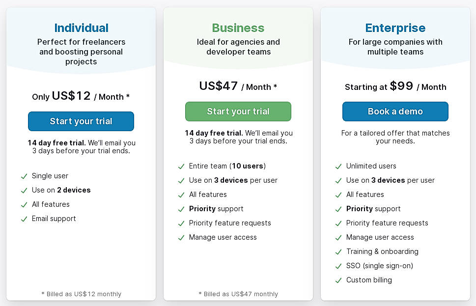 Pricing screenshot