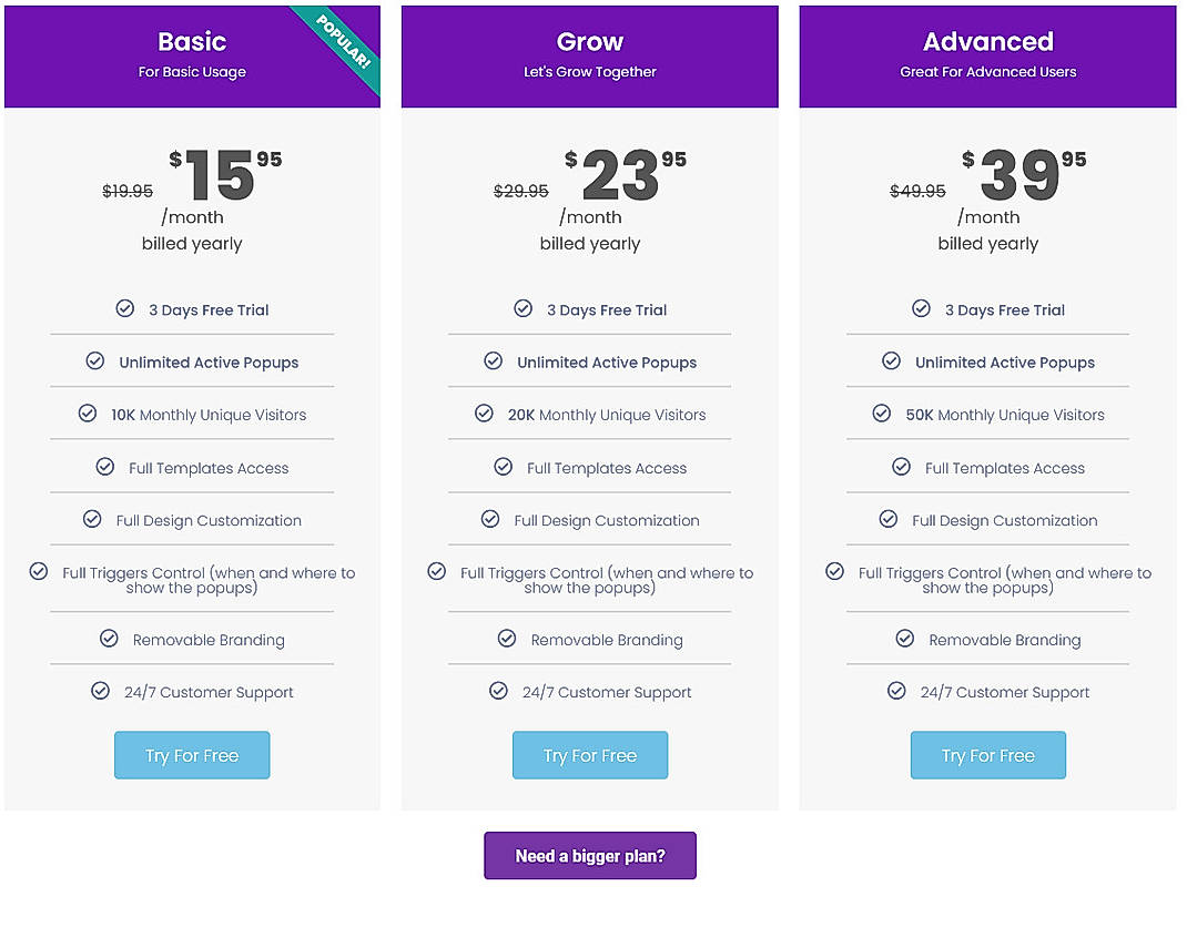 Pricing screenshot