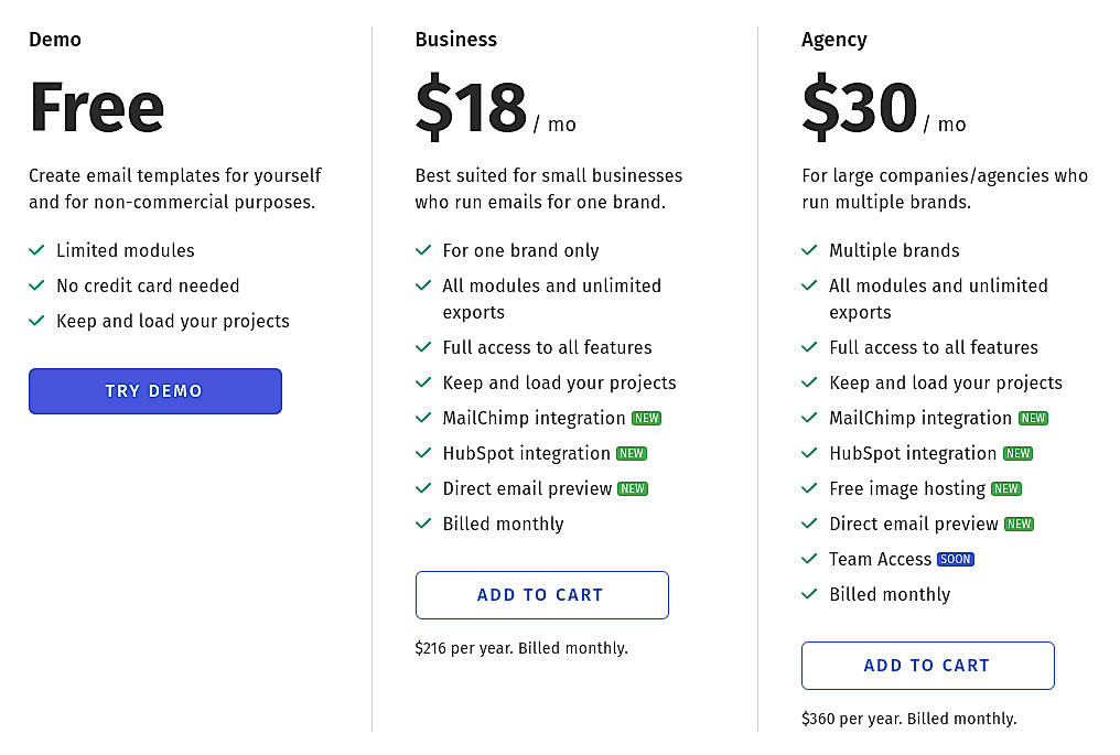 Pricing screenshot