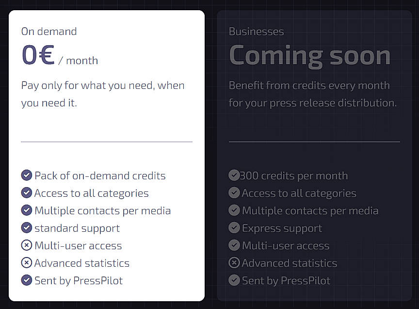 Pricing screenshot