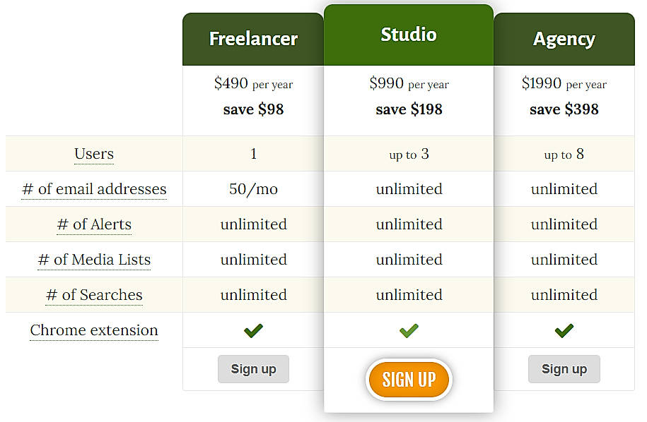 Pricing screenshot