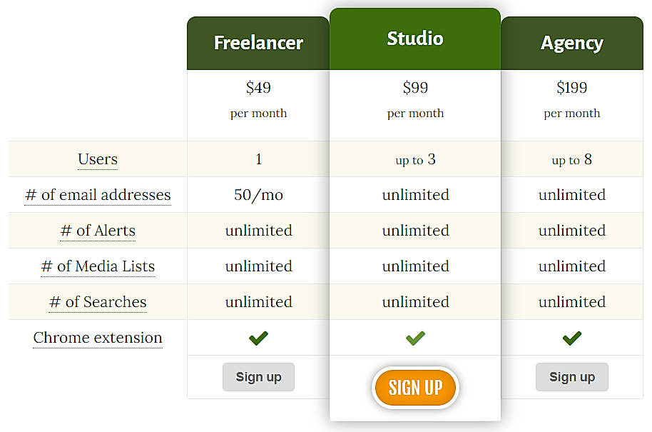 Pricing screenshot