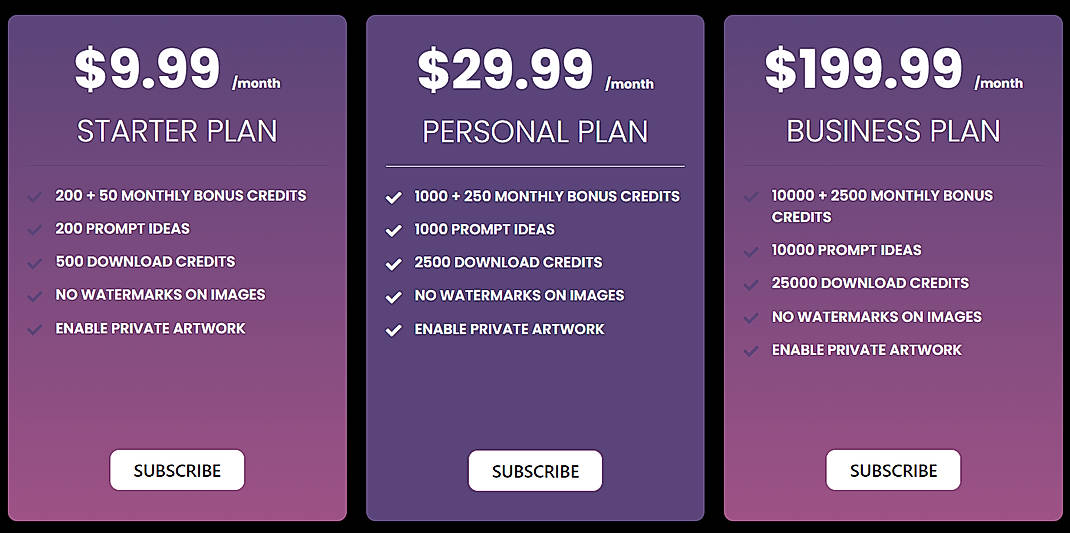 Pricing screenshot