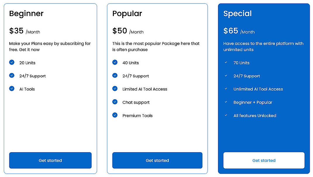 Pricing screenshot