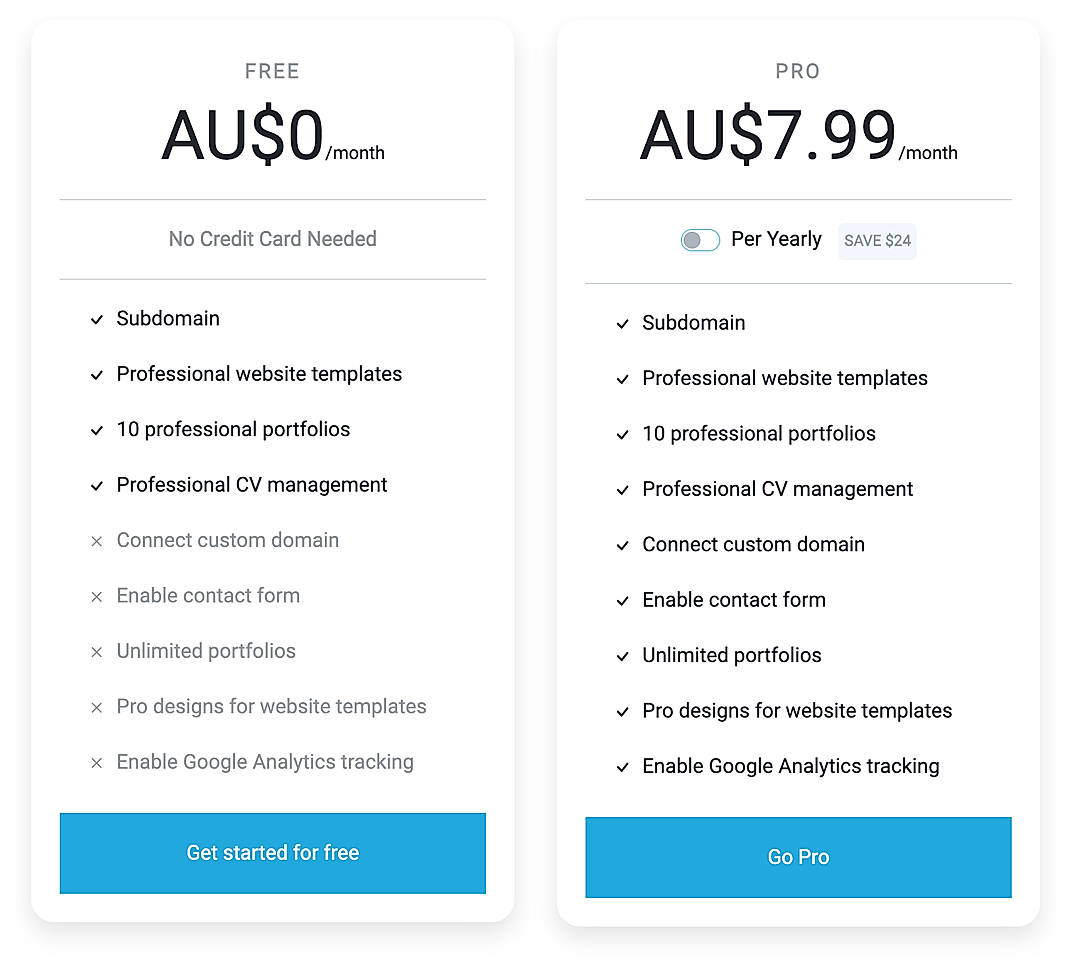 Pricing screenshot