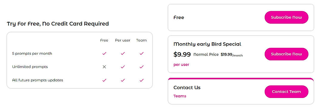 Pricing screenshot