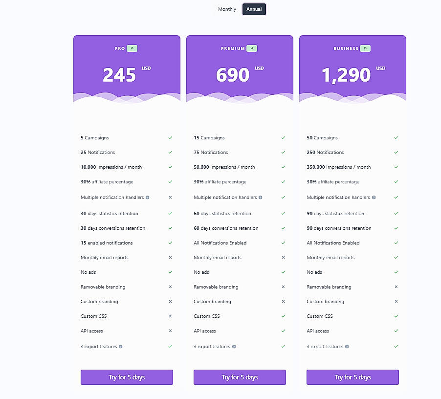 Pricing screenshot