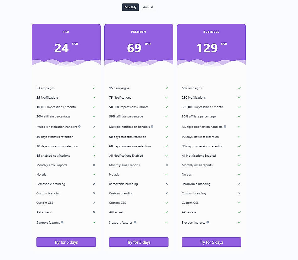 Pricing screenshot