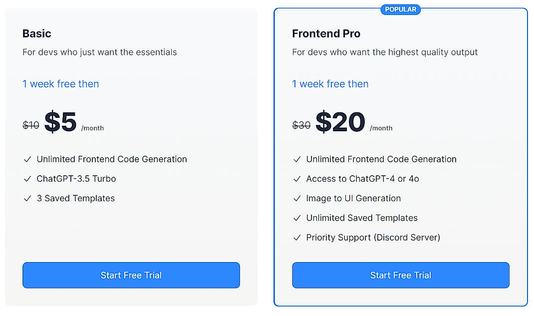 Pricing screenshot