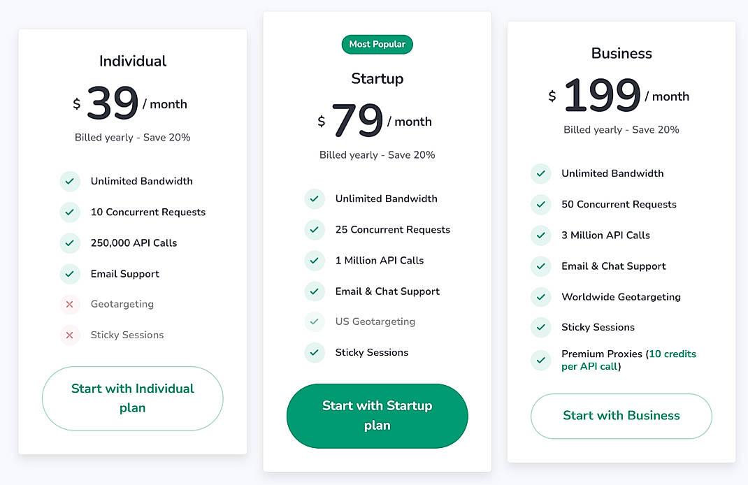 Pricing screenshot