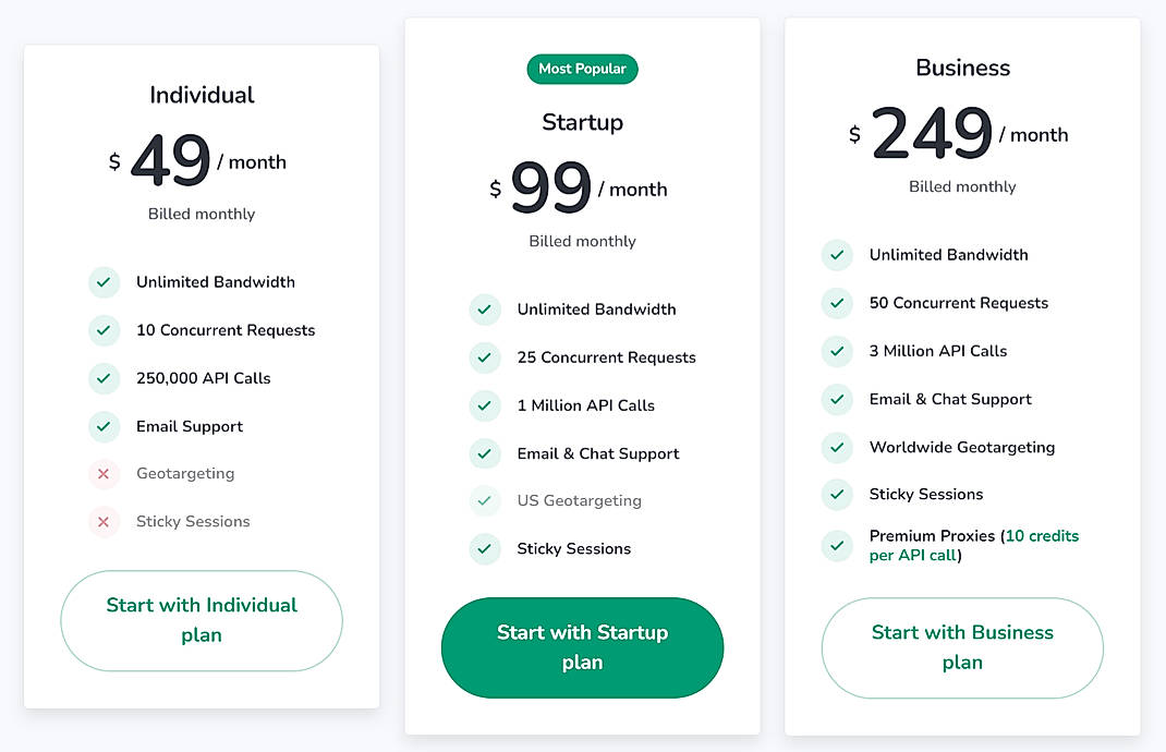 Pricing screenshot
