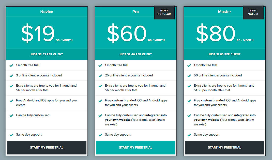 Pricing screenshot