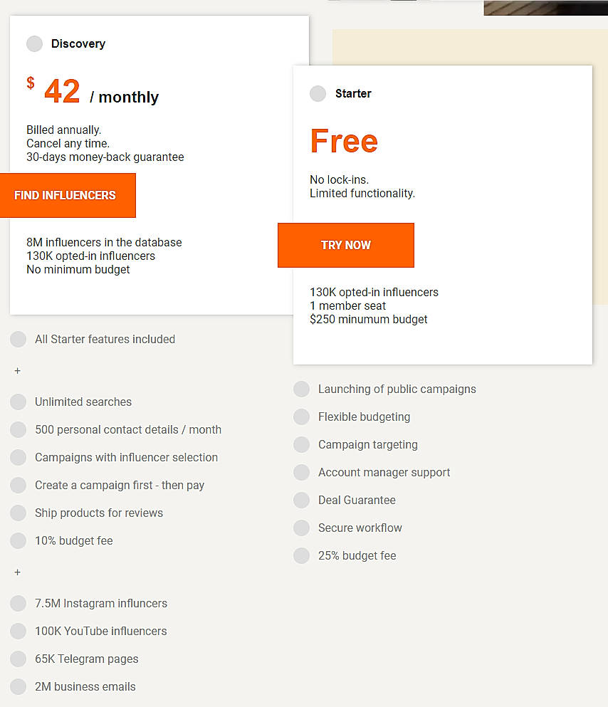 Pricing screenshot