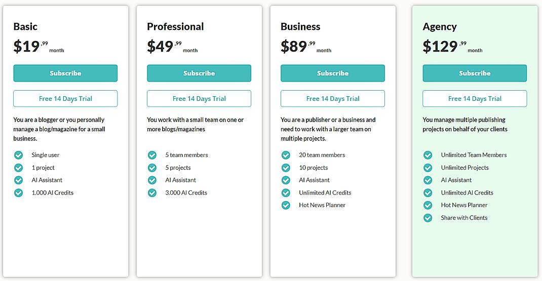 Pricing screenshot
