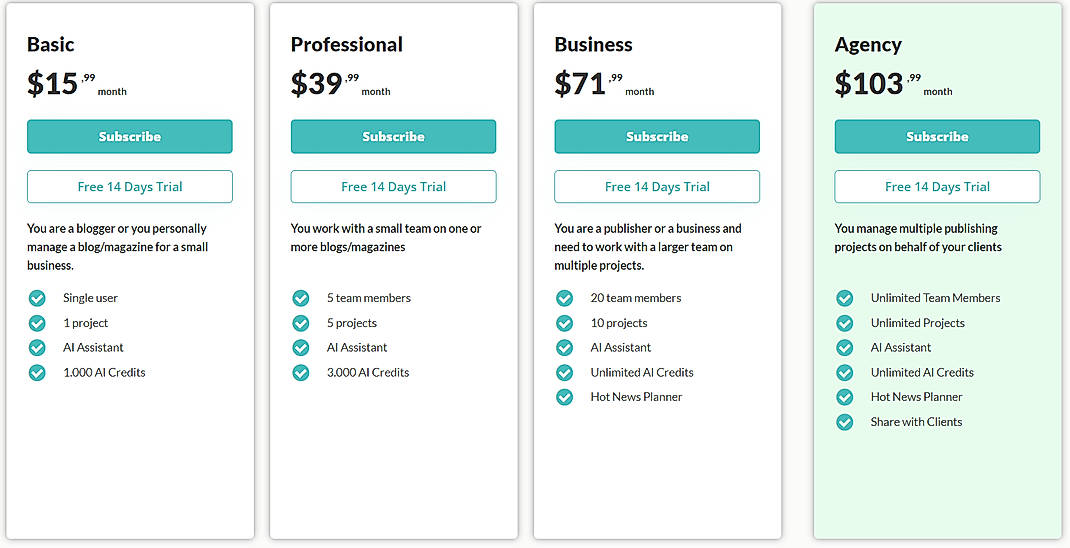 Pricing screenshot