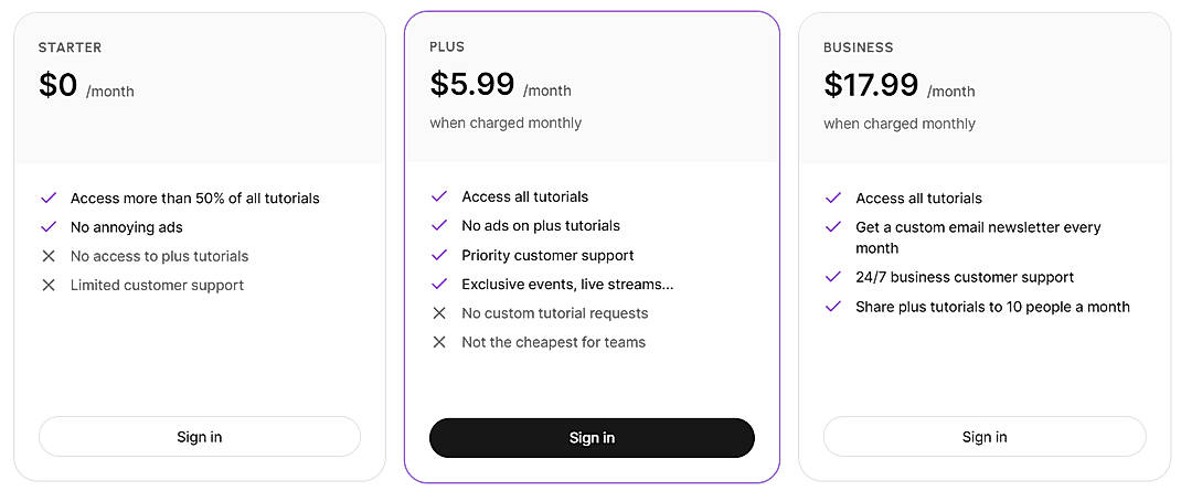 Pricing screenshot