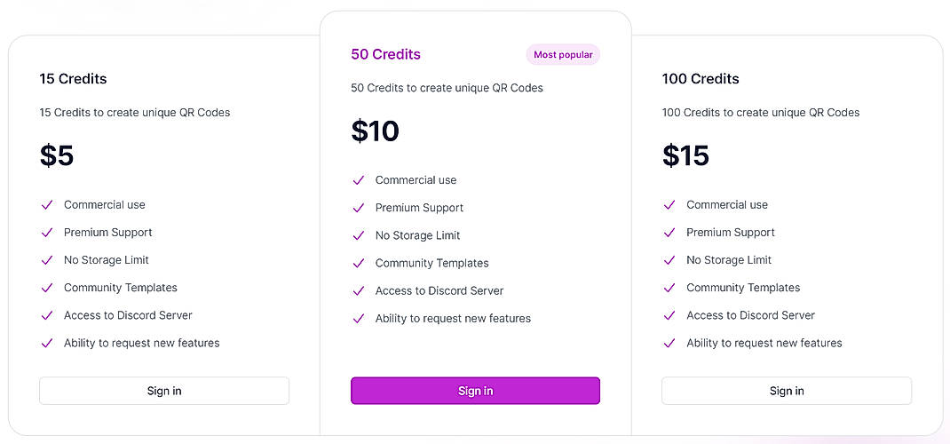 Pricing screenshot