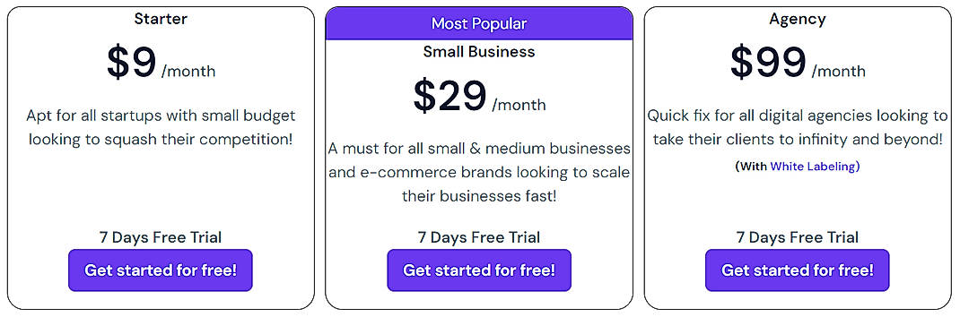 Pricing screenshot