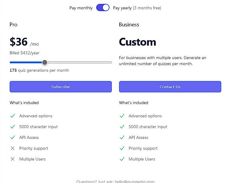 Pricing screenshot