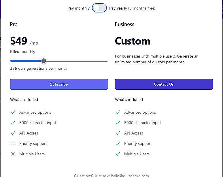 Pricing screenshot