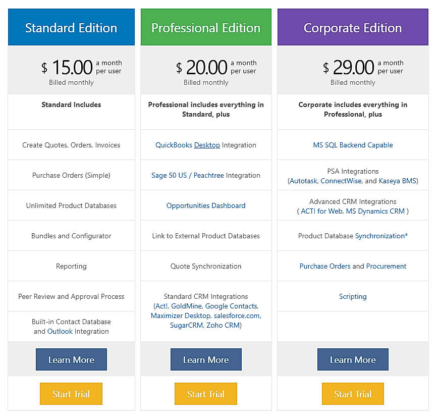 Pricing screenshot