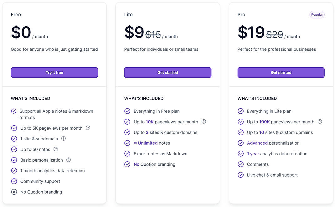 Pricing screenshot