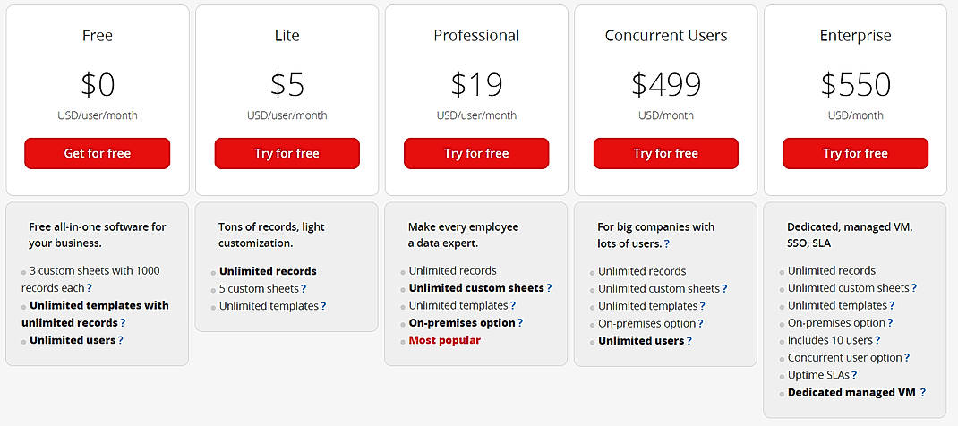 Pricing screenshot