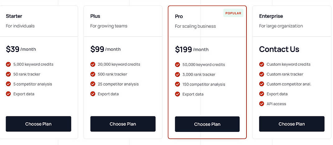 Pricing screenshot