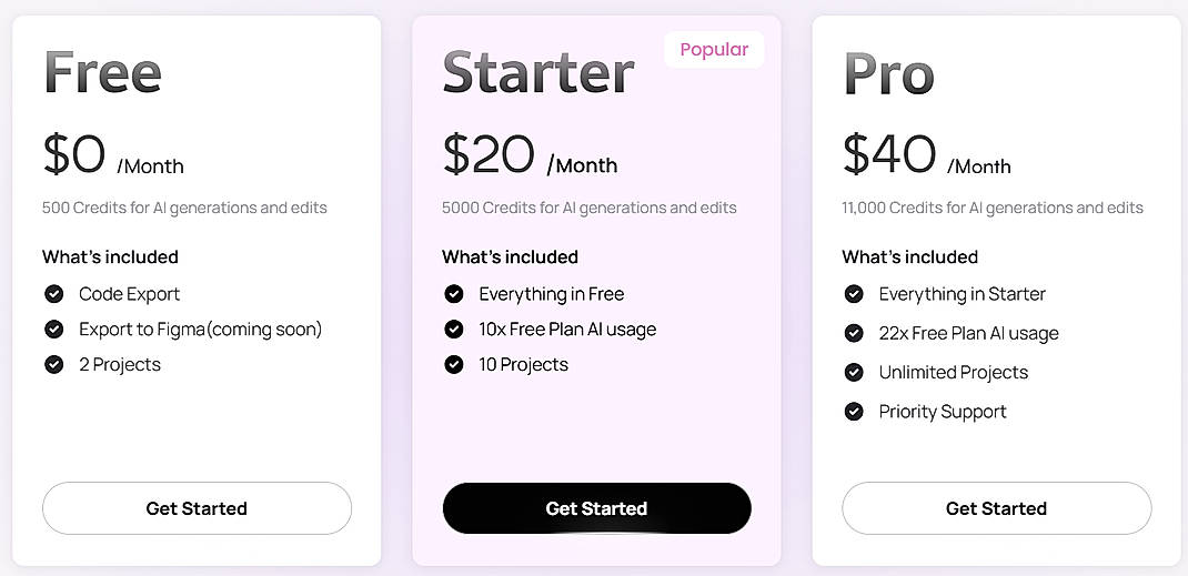 Pricing screenshot