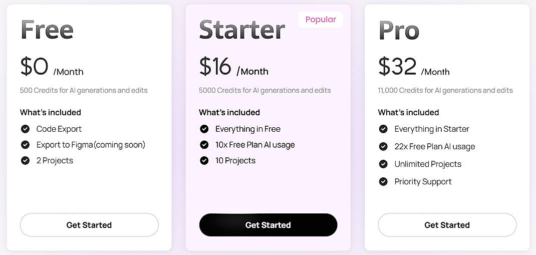Pricing screenshot