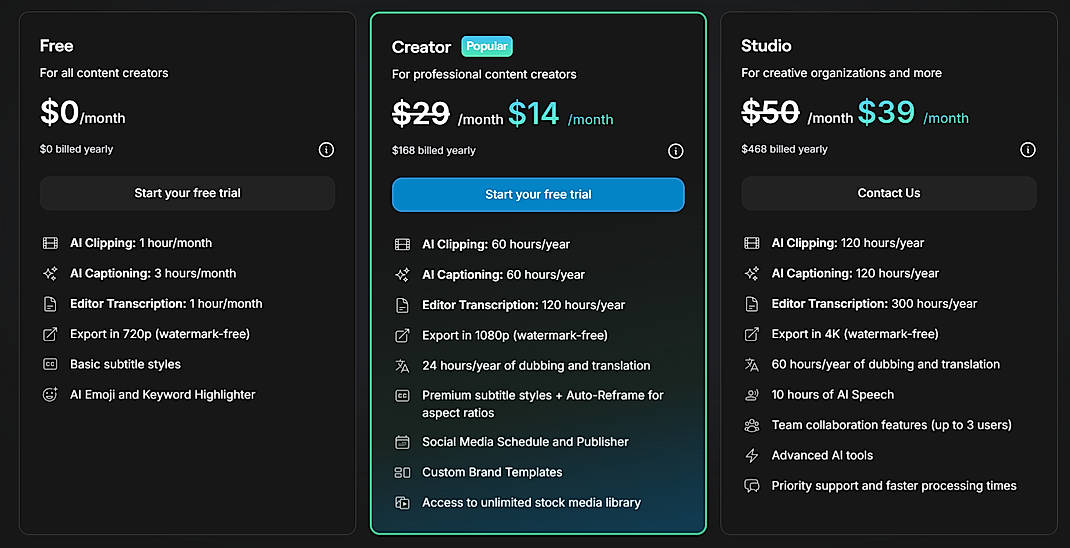 Pricing screenshot