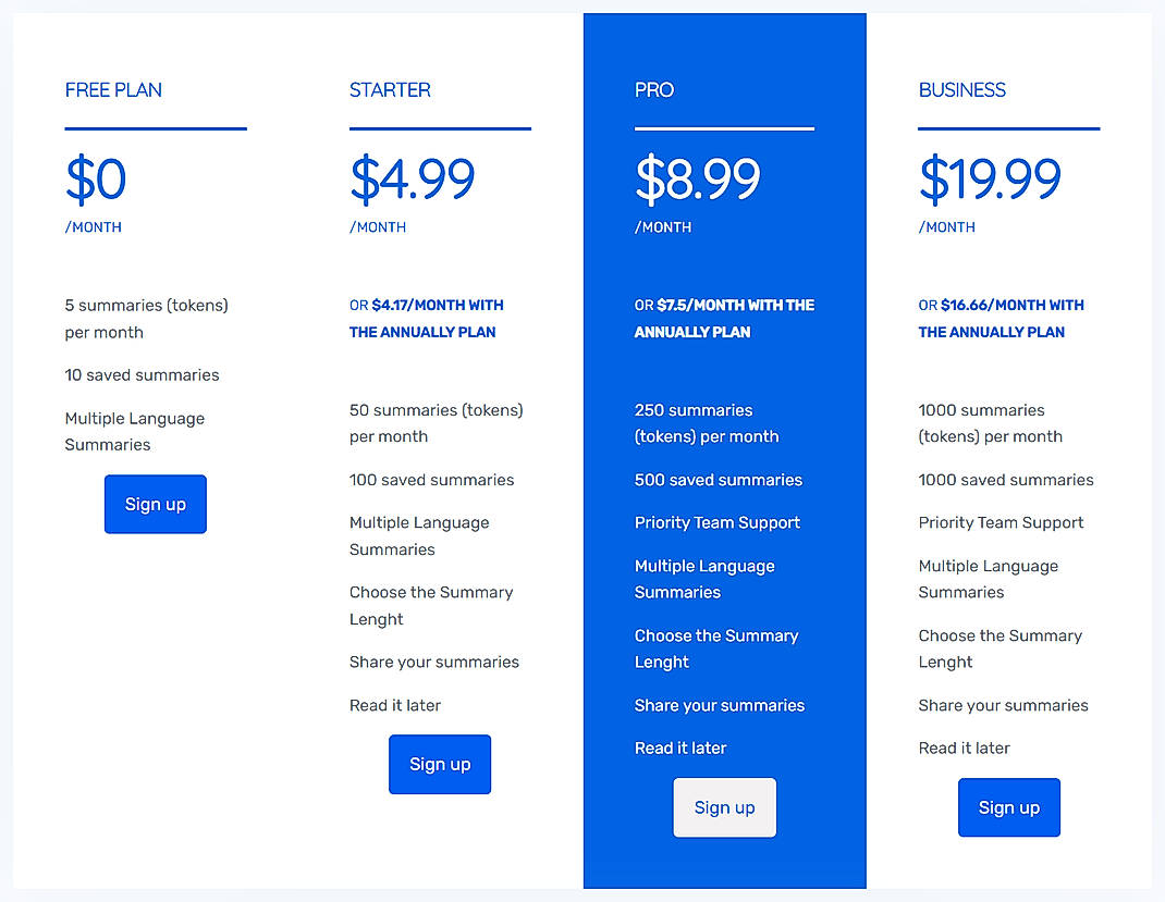 Pricing screenshot