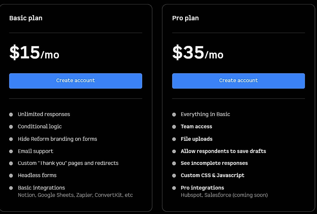 Pricing screenshot